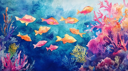 Fototapeta Naklejka Na Ścianę i Meble -  Watercolor Painting of Fish Swimming Amongst Coral Reefs