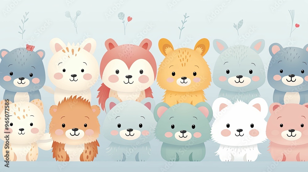 A Row of Adorable Cartoon Animals with Blushy Cheeks A Row of Adorable Cartoon Animals with Blushy Cheeks