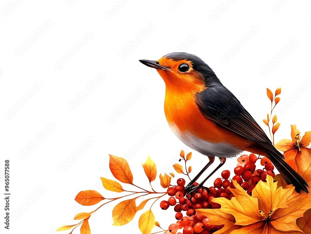 Autumn robin clipart, autumn animal, watercolor illustration, sharp details, perched on autumn berries, isolated on white background