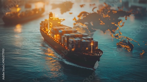 Cargo Ship Sailing Through the Ocean with Blurred Map of the World photo