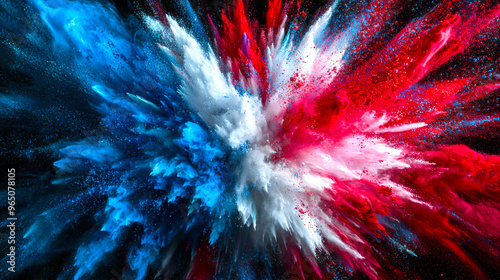 The concept of the flag of France. A bright explosion of blue, white and red powdery holi paints on a black background. Stylish fashionable abstract design background