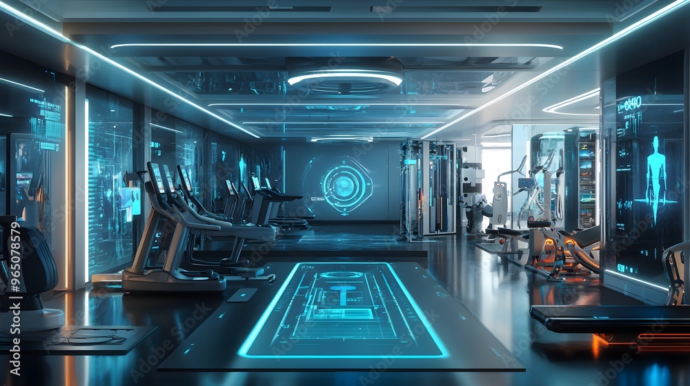 A futuristic fitness center with virtual trainers and AI-driven workout programs A futuristic fitness center with virtual trainers and AI-driven workout programs