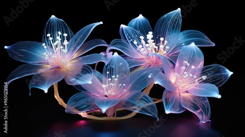 A cluster of translucent flowers glow with an ethereal light, their delicate petals shimmering with a vibrant blue and pink hue.