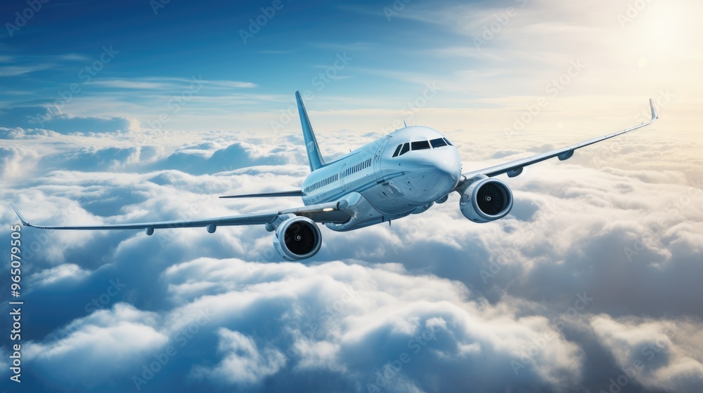 Obraz premium A commercial airplane soars through a breathtaking expanse of fluffy white clouds, bathed in the golden glow of the setting sun.