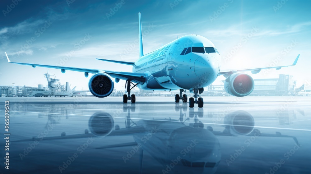 A commercial airplane sits on the tarmac, ready for takeoff. The blue sky and clouds create a beautiful backdrop for this powerful machine. A commercial airplane sits on the tarmac, ready for takeoff. The blue sky and clouds create a beautiful backdrop for this powerful machine.