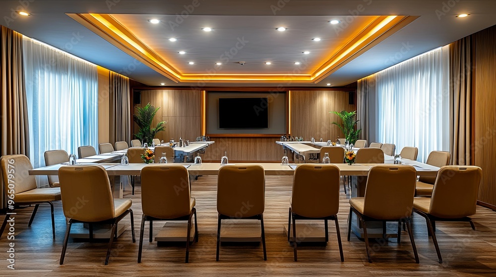 Modern Conference Room with Wooden Walls, a Table, and Chairs Modern Conference Room with Wooden Walls, a Table, and Chairs