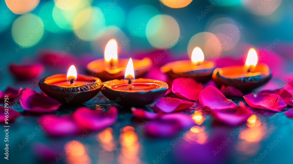 Diwali diya oil lamps with flowers holiday background. Creating a festive and decorative composition. Diwali diya oil lamps with flowers holiday background. Creating a festive and decorative composition.