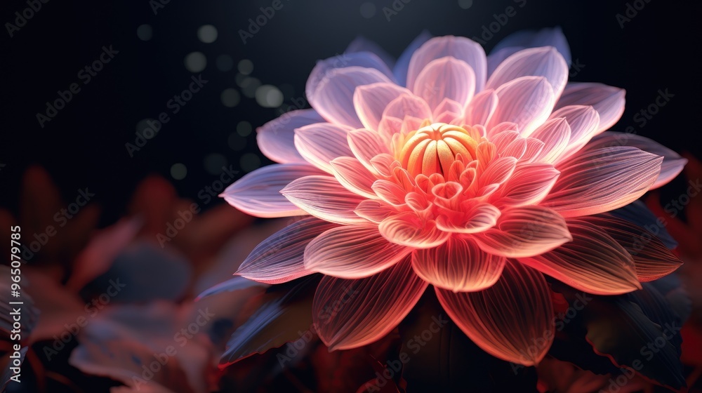 A delicate pink flower blooms in the darkness, its petals glowing with an ethereal light. A delicate pink flower blooms in the darkness, its petals glowing with an ethereal light.