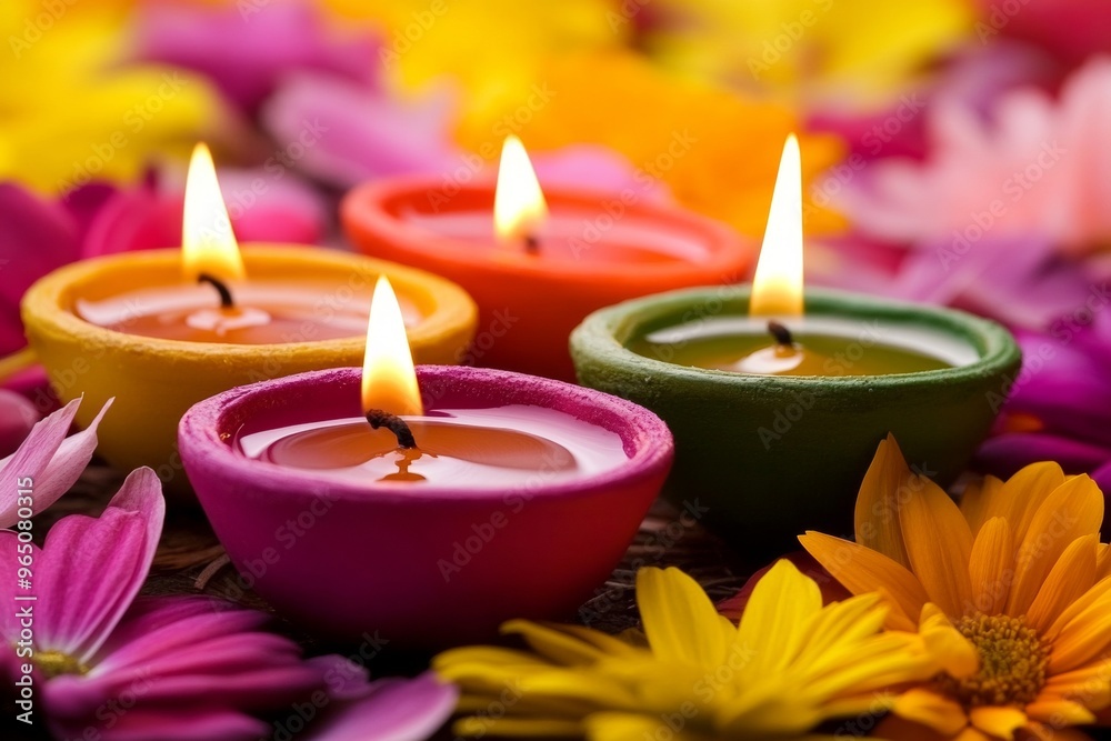 Diwali diya oil lamps with flowers holiday background. Creating a festive and decorative composition. Diwali diya oil lamps with flowers holiday background. Creating a festive and decorative composition.