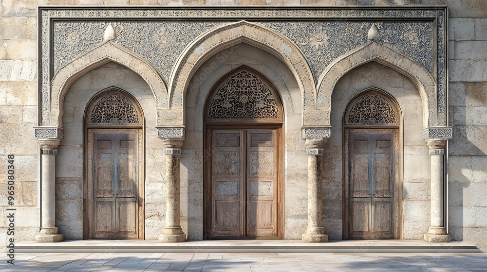 Ornate Arched Entrance with Three Wooden Doors Ornate Arched Entrance with Three Wooden Doors