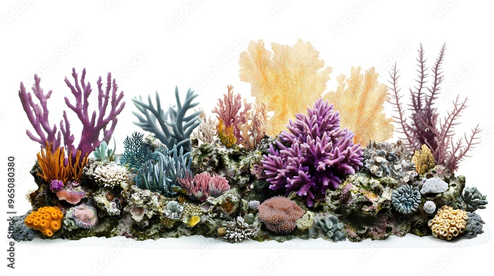 Fototapeta premium Vibrant Coral Reef with Colorful Corals and Sea Plants Isolated. Perfect for Ocean Conservation, Marine Biology, and Sea-Themed Design Projects