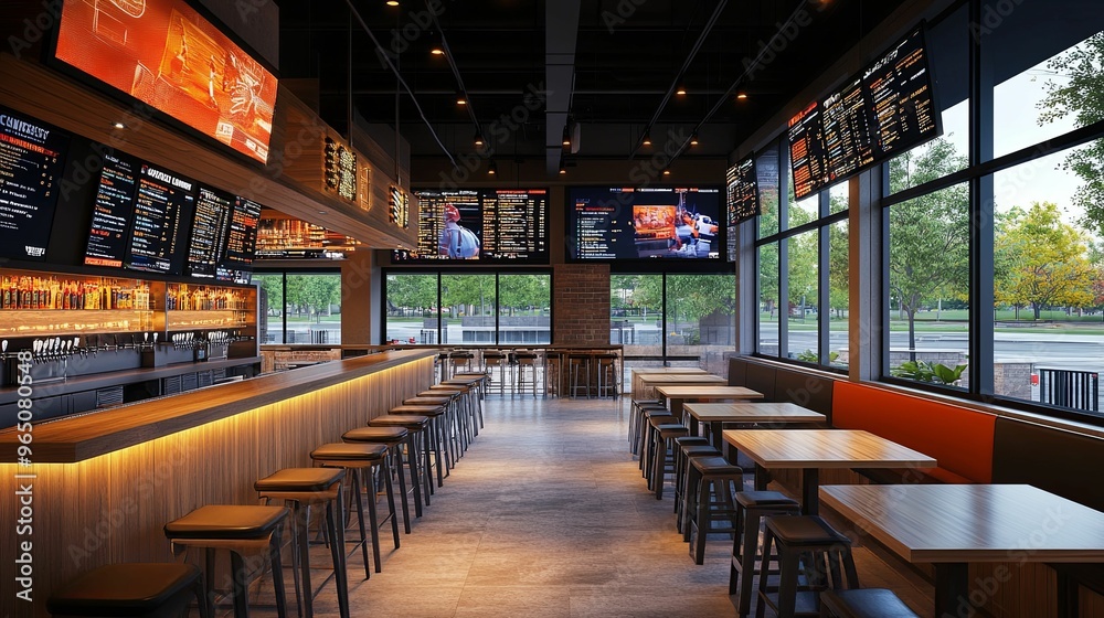 Modern Bar Interior with Wooden Counter and Stools Modern Bar Interior with Wooden Counter and Stools