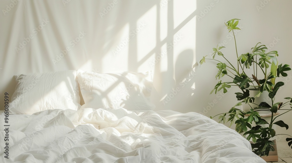 A white bed with white linens and pillows in a bright room with a plant and a window with white curtains. A white bed with white linens and pillows in a bright room with a plant and a window with white curtains.