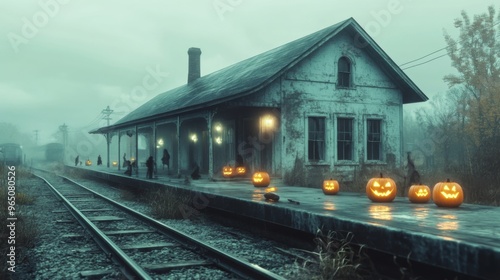 Wallpaper Mural Spooky Train Station with Jack-o'-Lanterns and Fog Torontodigital.ca