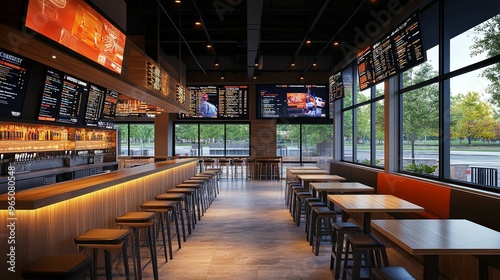 Modern Bar Interior with Wooden Counter and Stools