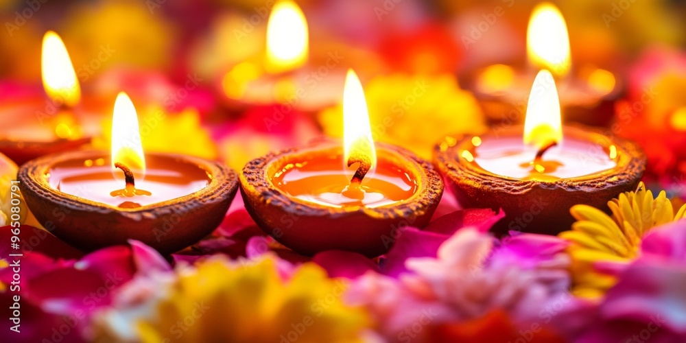 Diwali diya oil lamps with flowers holiday background. Creating a festive and decorative composition. Diwali diya oil lamps with flowers holiday background. Creating a festive and decorative composition.