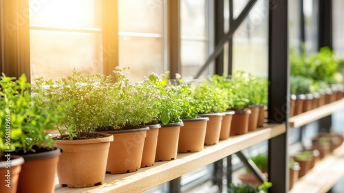 A bright and lively indoor garden display with potted plants basking in sunlight, showcasing lush greenery and freshness.