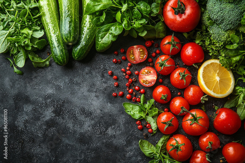 Fresh vegetables like tomatoes, cucumbers, and lemon on a black background. photo