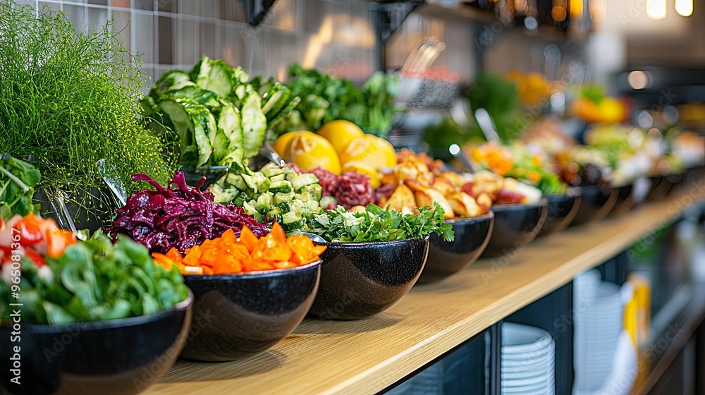 Assortment of Fresh Salads in Black Bowls on Wooden Shelf Assortment of Fresh Salads in Black Bowls on Wooden Shelf