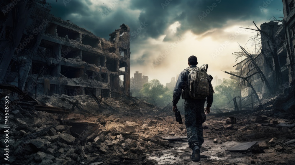 A lone soldier walks through the ruins of a destroyed city. The sky is dark and stormy, and the air is thick with smoke. A lone soldier walks through the ruins of a destroyed city. The sky is dark and stormy, and the air is thick with smoke.