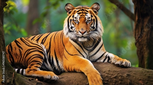 A majestic tiger rests on a tree branch, its powerful gaze fixed on the viewer.