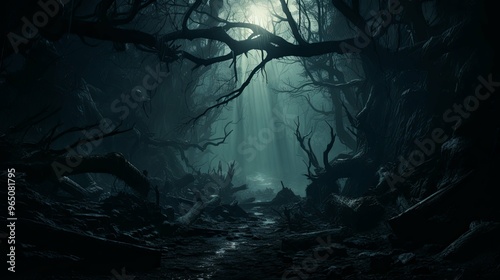 Eerie Sunbeam Piercing a Dark Forest Path