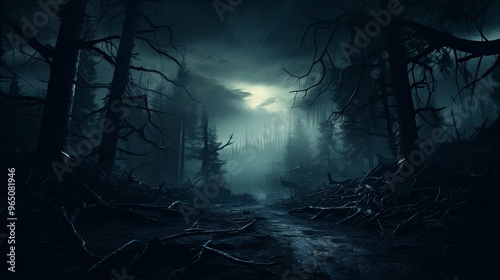 Dark and Eerie Forest Path with Moonlight