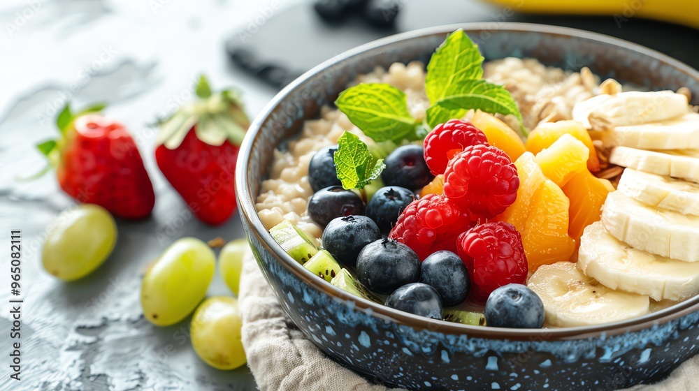 A bowl of oatmeal with fresh fruit, including raspberries, blueberries, kiwi, and banana slices, and a sprig of mint. A bowl of oatmeal with fresh fruit, including raspberries, blueberries, kiwi, and banana slices, and a sprig of mint.