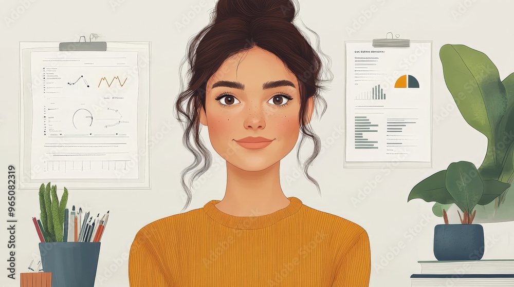 Smiling Woman at Desk: A charming illustration of a young woman with a warm smile, sitting at a desk in a modern office setting. She exudes confidence and positivity, making her perfect for project Smiling Woman at Desk: A charming illustration of a young woman with a warm smile, sitting at a desk in a modern office setting. She exudes confidence and positivity, making her perfect for project