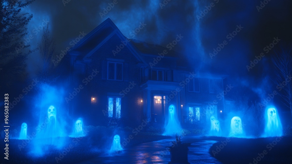 Obraz premium Haunted House with Blue Glowing Ghosts on Halloween Night