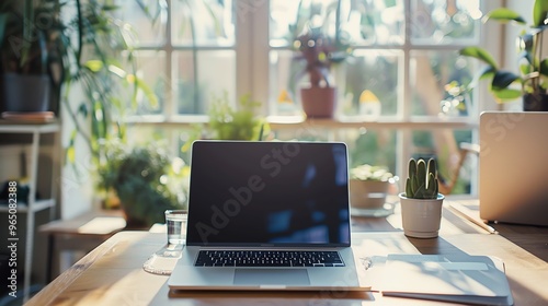 Wallpaper Mural A laptop computer on a desk with a glass of water and a potted cactus, in a room with a window and plants. Torontodigital.ca