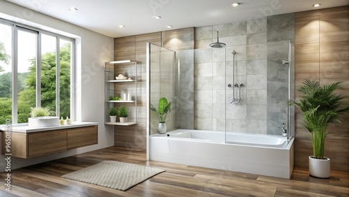 Sleek white rectangular bathtub and shower combination defines the modern bathroom, complemented by a glass door that