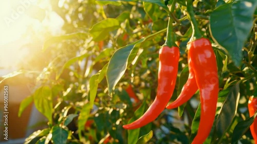 ripe red chili peppers on plant
