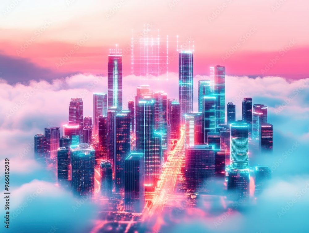 A futuristic city skyline emerging from vibrant clouds, illuminated with neon colors, showcasing urban innovation and dreamlike beauty. A futuristic city skyline emerging from vibrant clouds, illuminated with neon colors, showcasing urban innovation and dreamlike beauty.