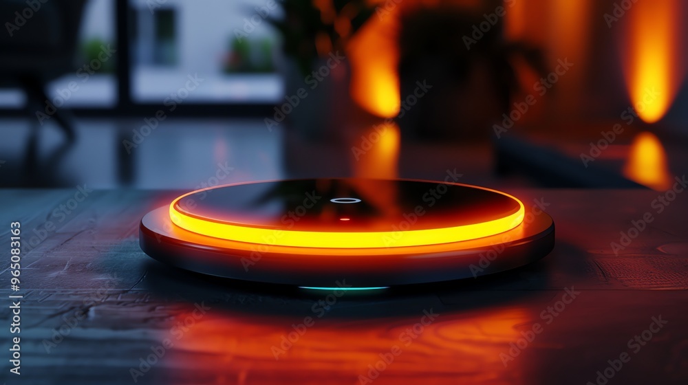 Obraz premium A futuristic-looking, circular device with a glowing orange ring, on a dark surface.