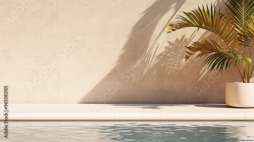 A minimalist poolside scene with a palm tree casting a shadow on a concrete wall.