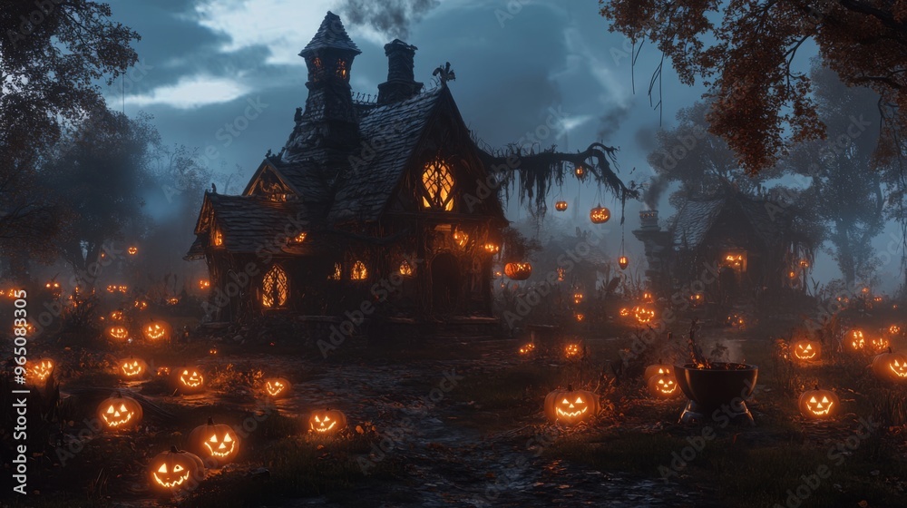 Obraz premium A Spooky Cottage Adorned with Jack-o'-Lanterns in a Misty Forest