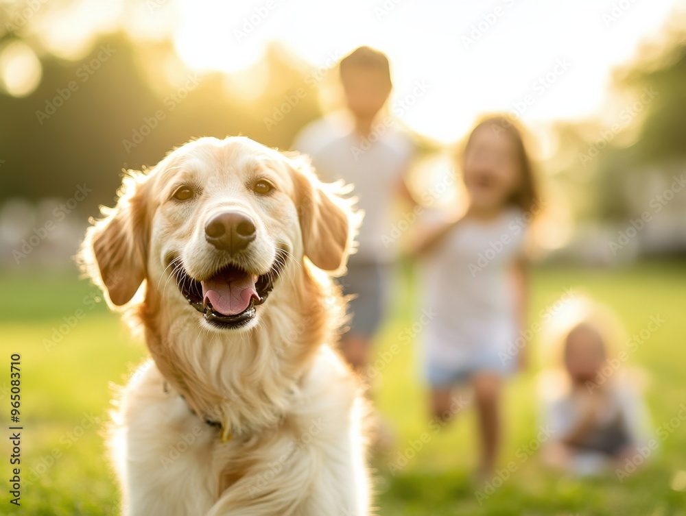 A happy golden retriever dog enjoys a sunny day outdoors with children playing in the background, showcasing pure joy and companionship.