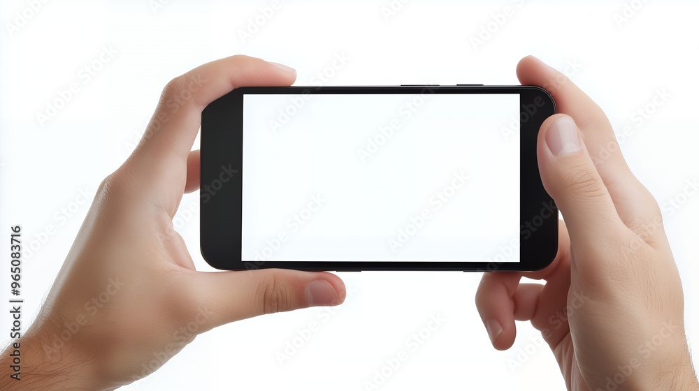 Hands holding smartphone with blank screen isolated on white background Hands holding smartphone with blank screen isolated on white background