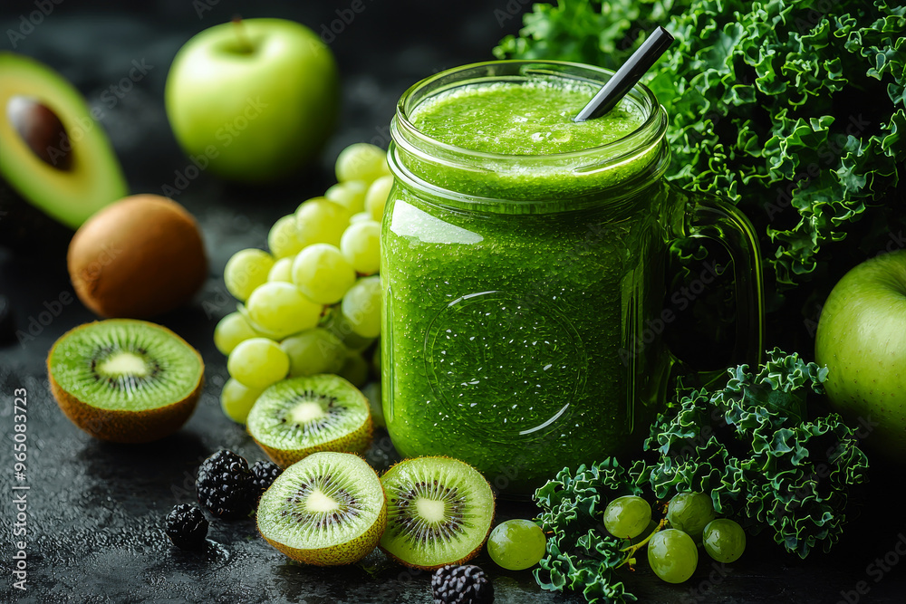 Green smoothie with kiwi, grapes, and kale. Green smoothie with kiwi, grapes, and kale.