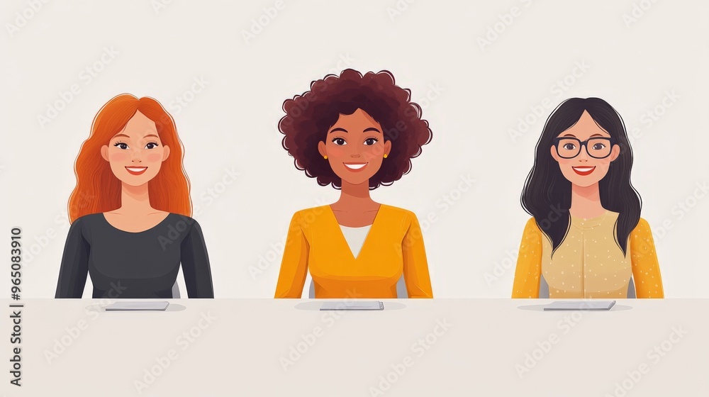 Global Female Leaders: A vibrant illustration of three confident women, representing diverse ethnicities, embodying leadership and empowerment in the modern workplace. Global Female Leaders: A vibrant illustration of three confident women, representing diverse ethnicities, embodying leadership and empowerment in the modern workplace.
