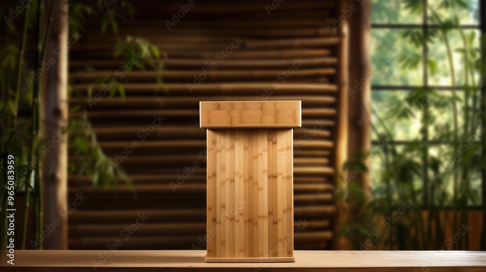 A rustic wooden table with a bamboo background. The table is perfect for showcasing products or displaying food. A rustic wooden table with a bamboo background. The table is perfect for showcasing products or displaying food.