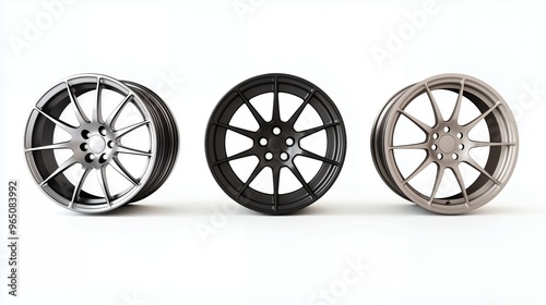 Set of three distinct car wheels, isolated on white background