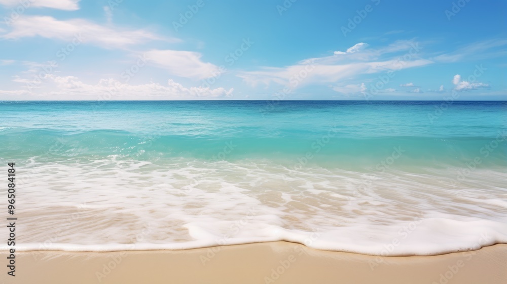 A serene seascape with a gentle wave lapping onto a pristine sandy beach.