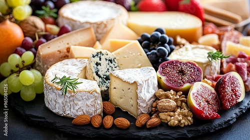 Assortment of Cheese, Fruit, and Nuts on a Slate Plate