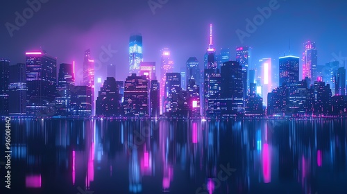 A cyberpunk cityscape with tall buildings, neon lights, and reflections in the water.