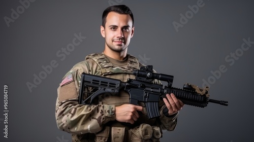 A soldier in camouflage uniform holds a rifle with a serious expression on his face.
