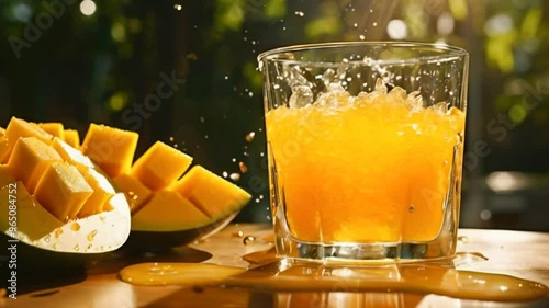 glass of orange juice with mango slices
