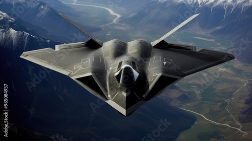A stealth fighter jet flies over a mountain range, its sleek lines and powerful engines a testament to modern military technology.