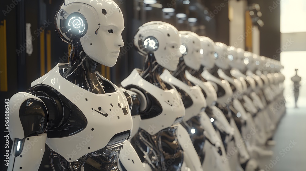 Fototapeta premium A high-tech robotics facility where humanoid robots are assembled and tested for various tasks